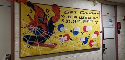 Spiderman Ra Bulletin Board, Spiderman Door Decorations, Marvel Bulletin Board Ideas, Spiderman Bulletin Board, Marvel Bulletin Board, Student Government Posters, Residence Life Bulletin Boards, School Campaign Posters, Ra Decorations