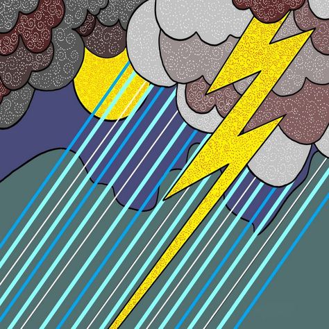 An imaginative drawing of a rainstorm in technicolor. Imaginative Drawing, Clouds Lightning, Strip Art, Rain Storm, Cool Pencil Drawings, Sharpie Art, Deco Decor, Thunder And Lightning, Album Cover Art