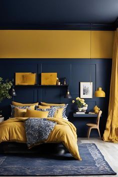 Yellow And Blue Bedroom Ideas, Navy And Yellow Bedroom, Stairs Pantry, Yellow Bedrooms, Mustard Bedroom, Navy Blue Bedrooms, Fall Bedroom Decor, Black Rooms, Luxury Bedroom Furniture