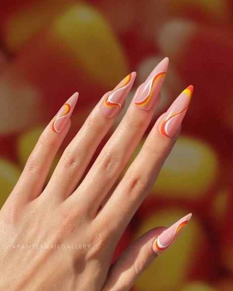 Pamper Nail Gallery® on Instagram: “🧡🎃 Candy Corn Swirls – Nude and Orange, Yellow, White Swirl Nail The fan favorite candy corn swirled over a neutral shade! Tis the season,…” Candy Corn Nails, Swirl Nail, Swirl Nail Art, Horror Nails, Swirl Nails, Silver Glitter Nails, Cleansing Pads, Nail Length, Favorite Candy