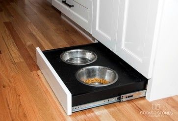 two, one for each dog, one under opposing cabinets. Only one bowl on each pull out. Dog Bowl Drawers, Dog Bowls Under Cabinet, Dog Bowl Pull Out Drawer, Dog Bowl Kitchen Cabinet, Pull Out Dog Bowls, Bench With Dog Bowls, Dog Bowl In Cabinet, Kitchen Island Dog Bowl, Hidden Dog Bowls