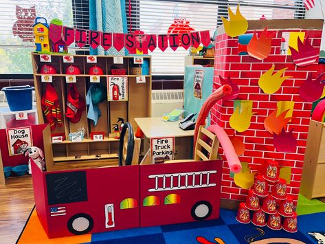 Firehouse Dramatic Play, Fireman Dramatic Play, Fire Department Dramatic Play, Fire Safety Classroom Decor, Firefighter Play, Community Helpers Dramatic Play Center, Dramatic Play Fire Station, Fire Station Dramatic Play Preschool, Fire Dramatic Play