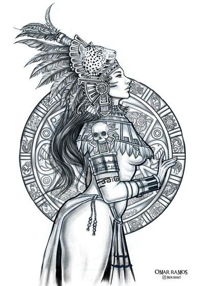 Mexican Queen Tattoo, Aztec Sleeve Tattoo Women, Feminine Aztec Tattoo, Marquesan Tattoos For Men, Mayan Woman Tattoo, Aztec Culture Art, Aztec Warrior Tattoo For Women, Latina Tattoo Ideas Mexican Art, Aztec Woman Tattoo