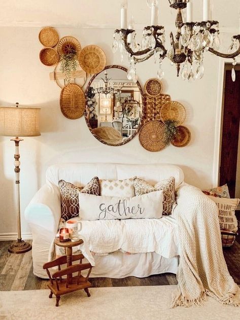 Boho Farmhouse Living Room, Boho Glam Home, Wall Basket Decor, Vintage Boho Decor, Boho Farmhouse Decor, Thrifted Home Decor, Basket Decor, Cottage Style Decor, Basket Wall