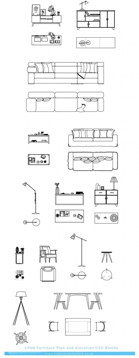 Architecture Drawing Furniture, Furniture Plans Architecture, Plan Section Elevation Drawings, How To Draw Furniture, Bedroom Elevation Drawing, Interior Elevation Drawing, Furniture In Plan, Section Architecture, Interior Elevation