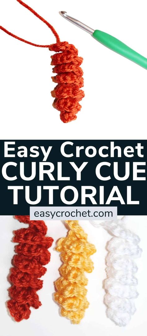 Learn how to make crochet curls and curly cues with this free picture tutorial from Easy Crochet. How To Crochet Curly Cues, How To Crochet A Curly Cue, Curly Cue Crochet Free Pattern, Crochet Curls Pattern, Curly Cues Crochet, Crochet Curly Cues Free Pattern, How To Crochet Curly Hair, Spiral Crochet Pattern Free, Crochet Curly Cues