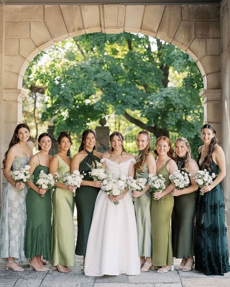 @elizabethinlove with this beautiful mismatched green bridesmaid dresses for Andie’s stunning wedding 💚 Variety Green Bridesmaid Dresses, Mismatched Bridesmaid Dresses Color Palette, Mismatched Dark Bridesmaid Dresses, Wedding Colors Fall Green, Same Color Different Style Bridesmaid Dresses, Best Bridesmaid Dress Colors, Mismatched Green Wedding Party, Green Palate Bridesmaid Dresses, Bridesmaids In Different Shades Of Green