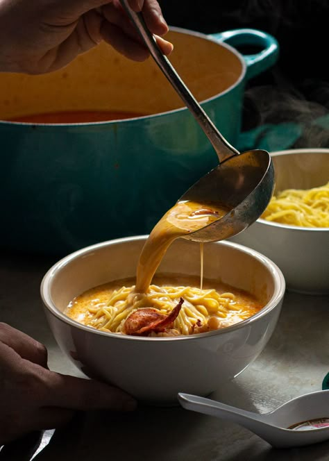 Lobster Curry Noodle Soup with Crisp Beansprouts - Rhubarb and Cod Soup Photography Ideas, Hong Kong Food Photography, Aesthetic Soup Photo, Lobster Curry, Soup Food Photography, Farmers Kitchen, Red Curry Soup, Coconut Red Curry, Soup Design