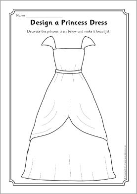 Design a princess dress worksheet (SB10670) - SparkleBox                                                                                                                                                                                 More Princess And Pirates Preschool, Preschool Princess Activities, Knights And Princesses Preschool Theme, Frozen Design, Princess Party Games, Fairy Tales Preschool, Design A Dress, Princess Activities, Dress Templates