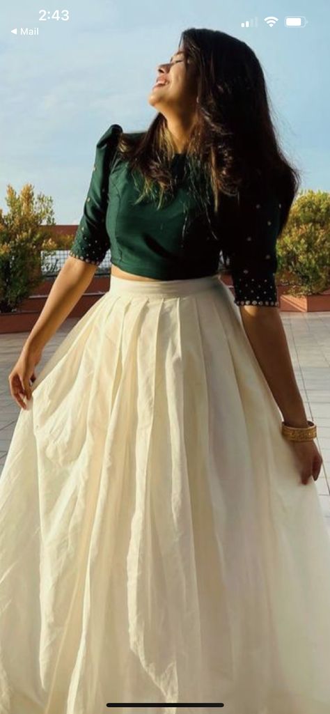 Kerala Dressing Style, Crop Top Ideas For Skirt, Kerala Style Lehenga Designs, Saree Hairstyles With Jasmine, Top And Skirt Outfit Wedding, South Indian Skirt And Blouse, Onam Dress Ideas For College, Skirt Top Indian Outfit Traditional, Onam Outfits Ideas 2024