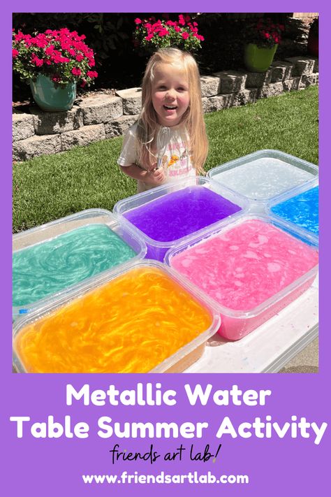 Metallic Water Table Summer Activity  - Friends Art Lab Water Sensory Table, Water Table Ideas, Water Play Activities, Water Play For Kids, Sensory Water, Water Table Activities, Summer Activity, Sensory Table, Friends Art