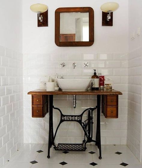 5 Creative Bathroom Vanity Ideas from Repurposed Materials # #CreativeBathroomVanityIdeasfromReusedMaterials, #Interior Design Vintage Bathroom Sinks, Sewing Table Repurpose, Vintage Sink, Sewing Machine Tables, Sewing Machine Cabinet, Sewing Machine Table, Diy Bathroom Vanity, Old Sewing Machines, Vintage Sewing Machine