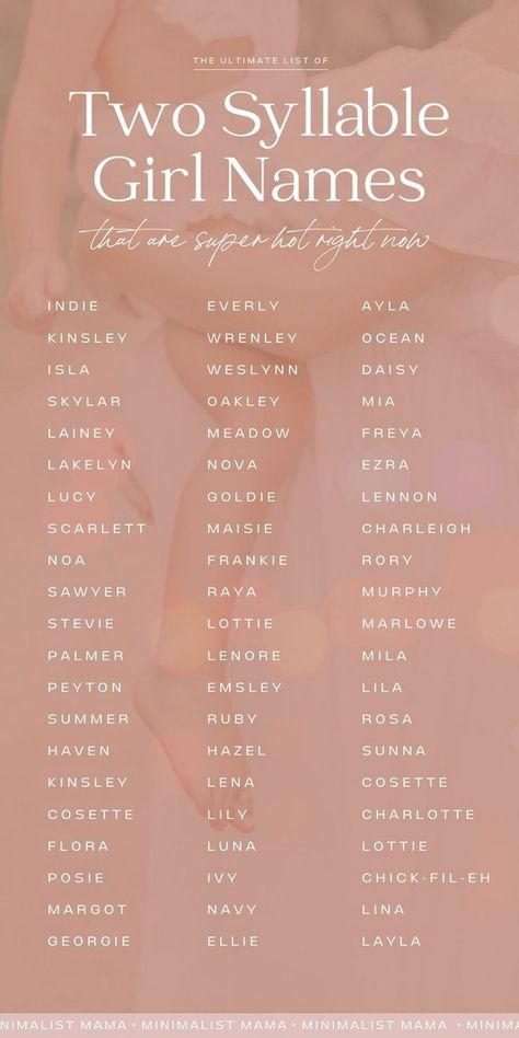 Searching for the best two syllable girl names? This hand-picked list of pretty, modern two syllable girl names might surprise you... (Did you know? Some of the most popular baby girl names are actually 2 syllable girl names!) Includes both baby names and meanings. Pretty Girl Names List, One Syllable Middle Names, Surname For Girls Unique, 2 Syllable Girl Names, Three Syllable Boy Names, Single Syllable Girl Names, Two Syllable Girl Names, One Syllable Girl Names, Strong Girl Names