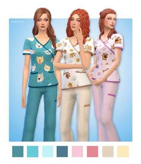 Cute vet uniform. Simple recolor of top and pants from cats&dogs “◊ 8 swatches - Pattern top and matching, solid bottoms ◊ You need Cats&Dogs for this recolor ◊ Custom thumbnails ” Download (no... Sims 4 Pets Cc Clothes, Sims 4 Vet Outfit, Sims 4 Cc Vet Clothes, Sims 4 Vet Cc, Vet Uniform, Sims 4 Cc Sleepwear Maxis Match, Sims 4 Cc Hello Kitty Pajamas, Sims 4 Pajamas Cc Maxis Match, Maxis Match Sleepwear