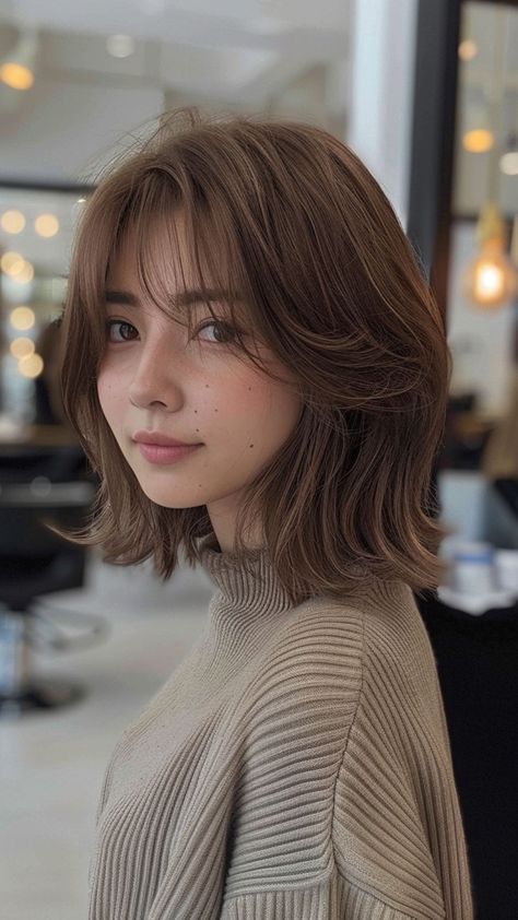 Hairdye Ideas Brown Hair, Brown Hair For Short Hair, Brown Hair Colors Shoulder Length, Short Hair Two Tone Color, Hair Color For Morena Skin Short Hair, How To Get Brown Hair Naturally, Cool Brown Hair Short, Shoulder Length Mushroom Brown Hair, Japanese Medium Haircut