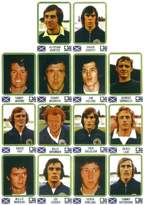 Scotland team stickers for the 1974 World Cup Finals. Denis Law, 1974 World Cup, Sandy And Danny, Football Moments, Scotland Football, Panini Stickers, Bobby Moore, British Football, English Football League