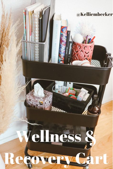 A black trolly/cart with all the necessary items you need in your recovery. Tissues, medicine, books, journals, pens, headphones, lotion. Organisation, Hip Surgery Recovery, Knee Replacement Recovery, Surgery Care Package, Post Surgery Gift, Knee Surgery Recovery, Preparing For Surgery, Acl Surgery, Recovery Room