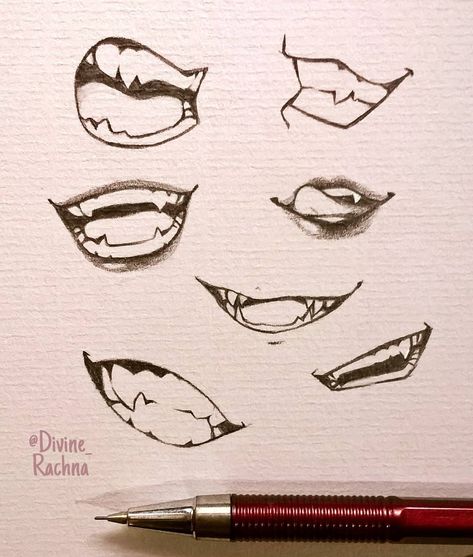 Divine Rachna on Instagram: “✨🌔Fangs Complication🌔✨ . . A quick sheet of vampirey smiles and grins ƪ(`▿▿▿▿´ƪ) I hope you like it ❤️ . . Which supernatural beings do you…” Fangs Drawing Reference, Mouth Drawing Reference Fangs, Sharp Teeth Drawing, Mouth Reference, Anime Mouth Drawing, Teeth Drawing, Smile Drawing, Mouth Drawing, Lips Drawing