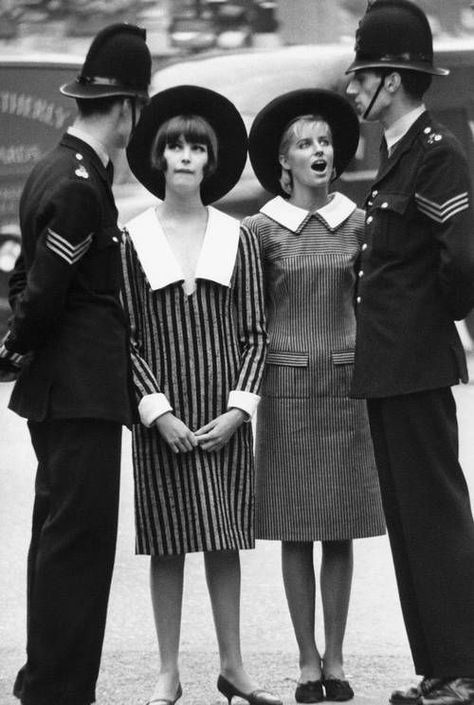 Rather than the Uniformed men, there can be Ladies looking up to the Well Dressed man or vice-versa.  -Theresa British Style, Norman Parkinson, Terry O Neill, Striped Halter Top, Light Blue Blouse, Ankle Length Skirt, Cut Photo, Sharon Tate, Spring Wear