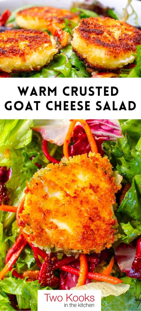 This simple goat cheese salad stars a round of goat cheese, breaded and fried to a golden brown, then nested on dressed greens. Pretty, creamy, tangy and crunchy. Pretty Salad Recipes, Vegetarian Recipes With Goat Cheese, Salad With Goat Cheese Recipes, Goat Cheese Salad Recipes, Fried Goat Cheese Salad, Beet Salads, Warm Goat Cheese Salad, Vegetable Strudel, Mesclun Salad