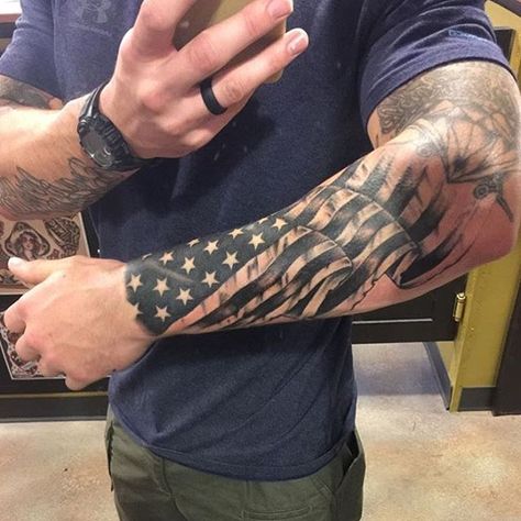 Flag Sleeve Tattoo, American Flag Forearm Tattoo, American Flag Sleeve Tattoo, Patriotic Tattoos, Army Tattoos, Military Tattoos, Flag Tattoo, Cool Tattoos For Guys, Arm Sleeve Tattoos