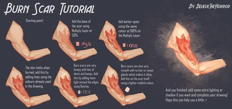 Burn Tutorial Drawing, Burns Reference Drawing, Draw Burn Scars Reference, Digital Art Burn Scar Tutorial, Burn Wounds Reference, Burn Wound Reference Drawing, Fire Scar Reference, Burn Injury Drawing, Oc With Burn Scar