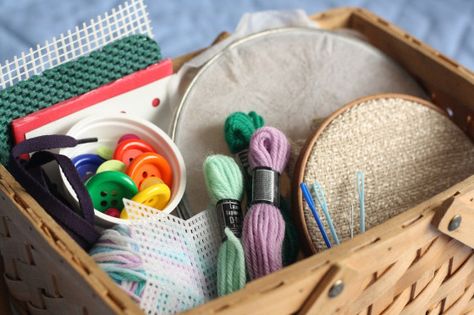 have a sewing basket with embroidery hoops and light hessian, embroidery wools/cottons ready threaded and buttons etc to sew on Sewing Kits Diy, Sewing Kit Box, Kids Sewing Kit, Little Dorrit, Teaching Sewing, Trendy Sewing Patterns, Sewing Projects Clothes, Sewing Basket, Trendy Sewing