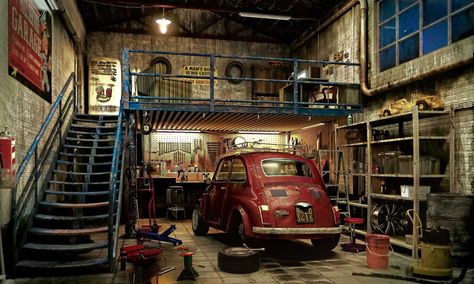 Garage by Dengo (1) Officine In Garage, Casa Garage, Plan Garage, Garage Atelier, Garage Loft, Underground Parking, Car Parks, Cool Garages, Car Workshop