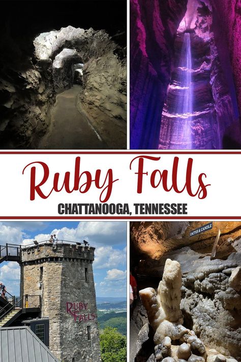 RUBY FALLS – A UNIQUE EXPERIENCE IN CHATTANOOGA, TENNESSEE #rubyfalls #chattanooga #tennessee #cave #undergroundwaterfall #cavesintennessee Ruby Falls Tennessee, Underground Waterfall, Tennessee Waterfalls, Tennessee Road Trip, Ruby Falls, Tennessee Travel, Lookout Mountain, Nashville Trip, Tennessee Vacation