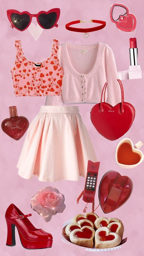 #valentinesday #valentines #pink #red #lovecore #outfitinspo Lovergirl Aesthetic Outfits, Lovecore Outfits, Lovecore Aesthetic Outfit, Lovecore Fashion, Outfit Grunge, Fashion Aesthetics, Themed Outfits, Red Outfit, Pink Outfits