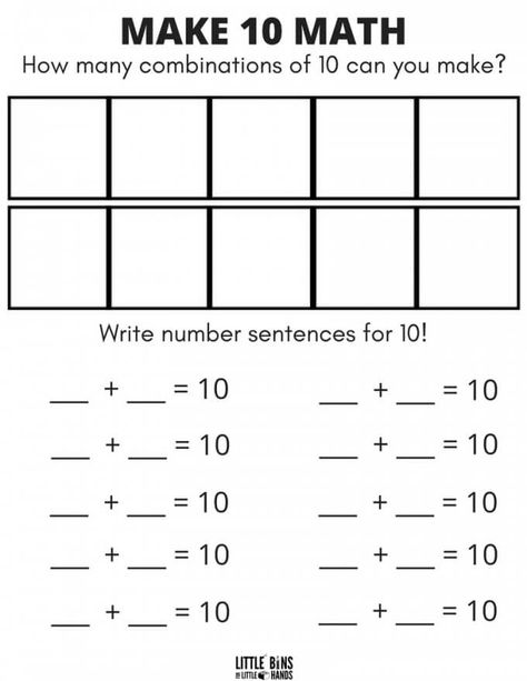 MAKE 10 MATH Ten Frames Kindergarten, Ten Frame Activities, Make Ten, Kindergarten Math Free, Worksheet For Kindergarten, Kindergarten Math Games, Making Ten, Math Centers Middle School, Algebraic Thinking