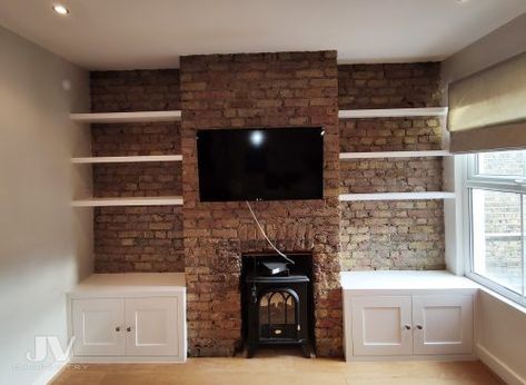 exposed-brick-alcove-shelving | JV Carpentry Brick Fireplace Alcove Ideas, Exposed Brick Alcove, Brick Wall Shelving, Brick Wall Shelves, Lounge Shelving Ideas, Exposed Brick Fireplace Living Room, Brick Alcove, Exposed Brick Walls Living Room, Fireplace Alcove Ideas