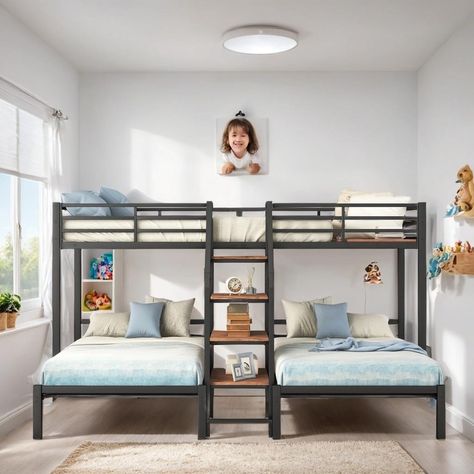 This metal bunk bed features three beds in one, truly a space-saver. With a twin size bed on top and two twin size beds underneath, this bed is ideal for accommodating guests and sleepovers, and also perfect for family with multiple members. Three Bed In One Room Design, Leon, Boys Room 3 Beds, 3 Bed Kids Room Bedroom Ideas, Multiple Bunk Beds In One Room, Boys Bedroom Ideas Bunk Beds, 3 Twin Beds In One Room, 3 Beds In One Room Small Spaces, 3 Beds One Room Kids