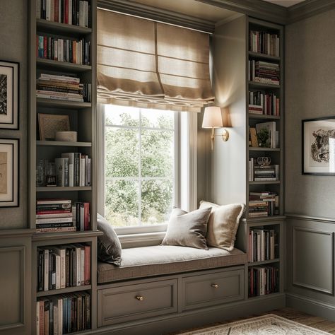 Shelves Built Around Window, Book Nook By Window, Reading Nook Built In Alcove, Bookcase With Reading Nook, Bookshelf By Window, Large Window Reading Nook, Window Bench With Bookcase, Built In Bookshelves Around Windows, Bench And Bookshelves