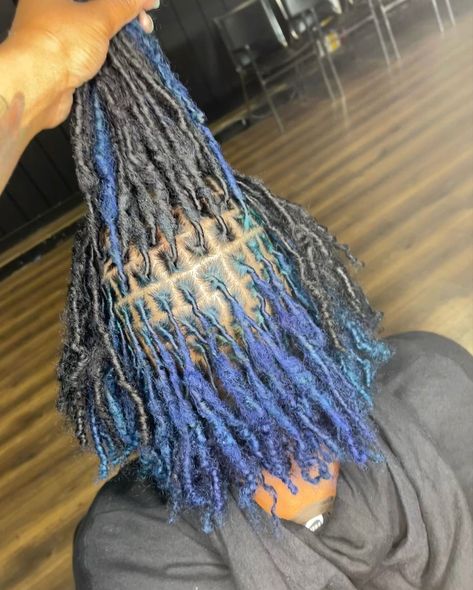 Blue Dyed Locs Black Women, Black And Blue Dreads, Loc Inspo Black Women Color, Colors To Dye Your Locs Black Women, Navy Blue Locs, Blue Peekaboo Locs, Locs Peekaboo Color, Black And Blue Locs, Blue Black Locs