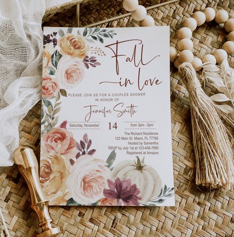 Editable Fall in Love Bridal Shower Invitation, Wedding, Engagement, Floral, Pumpkin, Blush, Boho, Fall Invitation, Digital, Instant Fall Bridal Shower Cake Ideas, Fall Bridal Shower Ideas, Fall In Love Bridal Shower, Autumn Invitations, Floral Pumpkin, Bridal Shower Cakes, Fall Bridal Shower, Bridal Shower Cake, Boho Fall