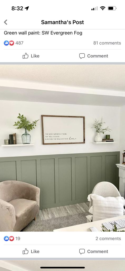 Half White Wood Panel Walls, Boho Panelled Wall, Olive Wainscoting, Green Panelling Kitchen, Dining Room Green Wainscoting, Green Waynes Coating Ideas, Half And Half Painted Walls Living Room, Painting Wainscoting Ideas Dining Room, Half Wood Panel Walls Nursery