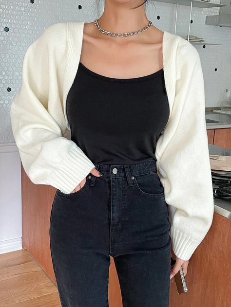 DAZY Dolman Sleeve Open Front Crop Cardigan | SHEIN USA Outfits With White Cardigan, White Cardigan Outfit Winter, White Cropped Cardigan Outfit, Open Cardigan Outfit, Short Sleeve Cardigan Outfit, Short White Cardigan, Short Cardigan Outfit, Cream Cardigan Outfit, Cropped Cardigan Outfit