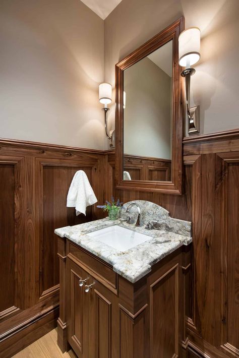 Wainscoting Powder Room, Modern Ski Home, Rustic Powder Room, Chalet Style Homes, Lakeside House, Montana Lakes, Hunted Interior, Half Bath Remodel, Powder Room Ideas