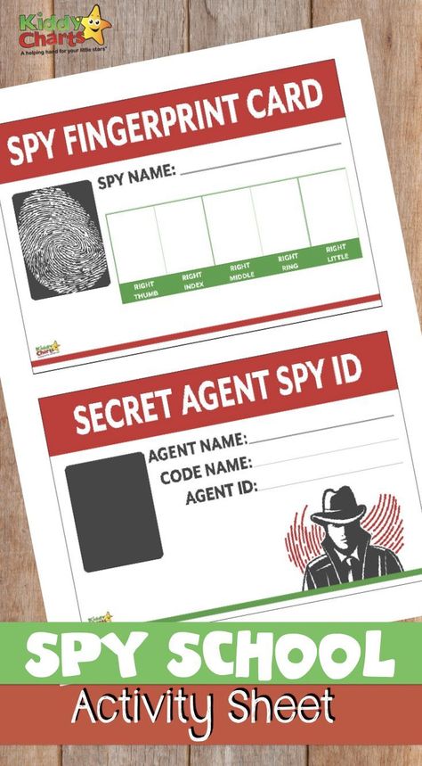 Do you have aspiring spy kids? If so, you need to check out this spy school activity sheets! This fun activity for kids includes a fingerprint card and a secret agent ID! How fun! Spy kids activities are a fun way to spend any time of year, so try some out today! Spy Badge Free Printable, Spy Crafts For Preschoolers, Spy Stem Activities, Spy Day At School, Who Done It Mystery For Kids, Spy Crafts For Kids, Secret Agent Activities For Kids, Detective Activities For Kids, Detective Games For Kids