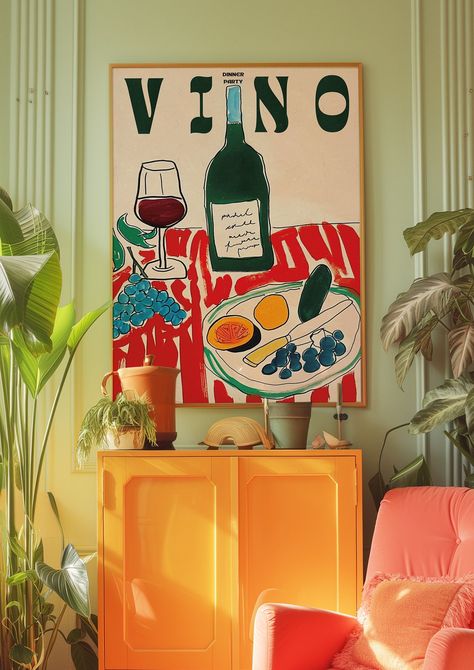 Verano Poster, Red Wall Art, Dopamine Decor, Kitchen Poster, Summer House Poster, Psychedelic Poster, Retro Print, Dinner Print, Vino Print - Etsy Summer House Interior Ideas, Pop Art Apartment, Wall Poster Design, Kitchen Wall Art Ideas, Trippy Wall Art, House Poster, Trippy Wall, Dopamine Decor, Apartment Art