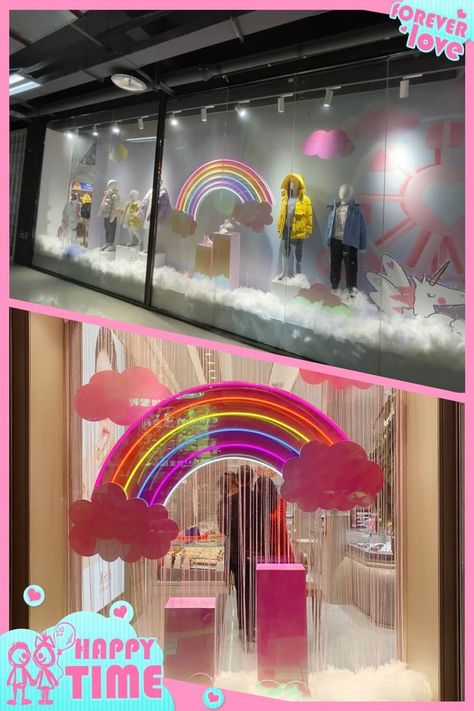 Rainbow Style Storefront Window Display Storefront Window Display, Kids Store Display, Toy Shop Display, Lobby Decor, Mall Decor, Store Window Display, Rainbow Style, Display Props, Flamingo Party