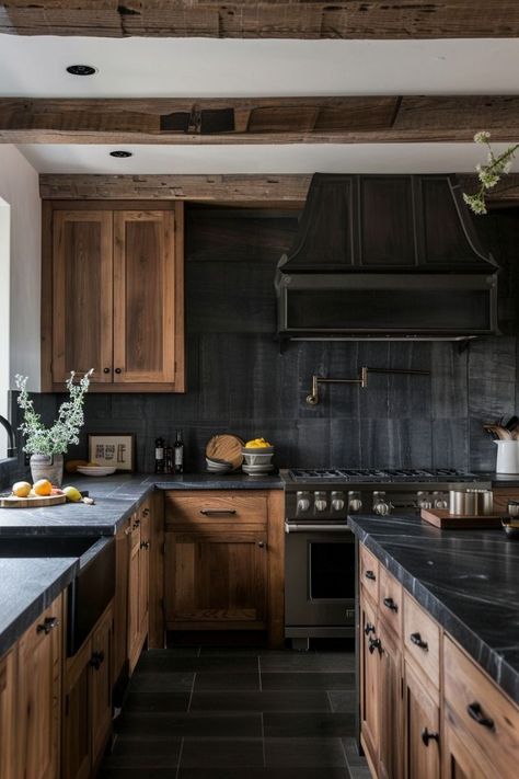 Moody French Country Kitchen, Moody Wood Kitchen, Moody Interior Design Aesthetic, Moody Rustic Kitchen, Rustic Black Kitchen Cabinets, Moody Farmhouse Decor, Colorado Home Interior, Moody Kitchen Cabinets, Small Moody Kitchen