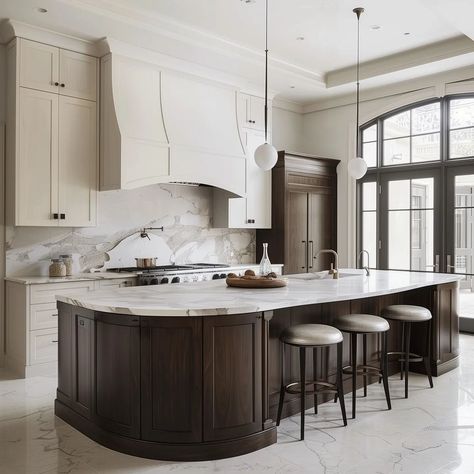 Loving this kitchen concept! Are you liking the curved island trend, too? Brings softness to the space while the tray ceiling adds to the grandeur. What's your favorite feature in a kitchen design? . Design. @cielo.and.oak #cieloconcept #rendering #render #kitchen #concept #kitchengoals #kitchensofinstagram #kitchendesign #aidesign #island #interiordesign #interiorinspo #interiorforinspo #yyj #yyjdesign #yyjbusiness #womeninbusiness Oval Island Kitchen, Curved Kitchen Island Ideas, Curved Kitchen Islands, Rounded Kitchen Island, Rounded Island, Large Kitchen Island With Seating, Oval Island, Curved Island, Round Kitchen Island