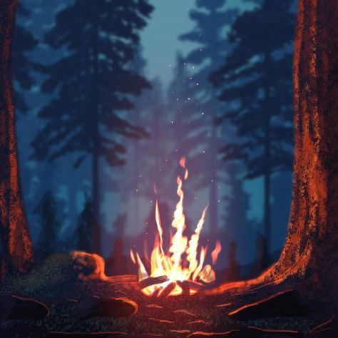 I drew this and I really have no idea how it looks so real. Tutorial by @james_julier Campfire Illustration, Fire Tutorial, Forest Campfire, Fire Landscape, Campfire Drawing, Night Earth, Landscape Drawing Tutorial, Forest Camp, Procreate Drawing