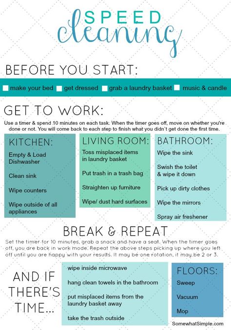 speed cleaning cheat chart....just making a bed makes the room seem like its clean! Great chart if your like me and get house cleaning ADD House Cleaning Checklist, Deep Cleaning Tips, Speed Cleaning, Household Cleaning Tips, Simple Life Hacks, Cleaning Checklist, Toilet Cleaning, Cleaning Schedule, Cleaning Routine