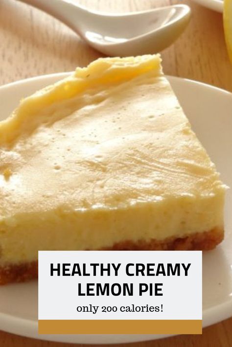 Searching for easy healthy desserts? You've got to make this healthy creamy lemon pie! At just 200 calories per slice, it's an easy low calorie dessert! #healthyrecipes #healthydesserts #healthysnacks 200 Calorie Desserts, Low Calorie Desserts Easy, Creamy Lemon Pie, Lemon Desserts Healthy, Easy Healthy Desserts, Healthy Pies, Low Cal Dessert, Lemon Pie Recipe, Lemon Cream Pies