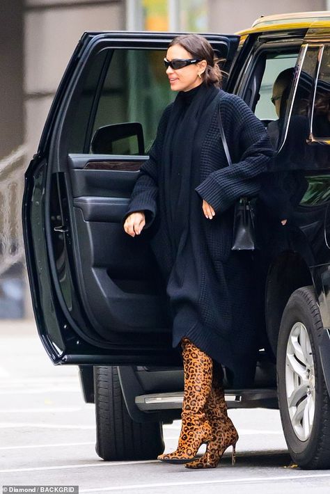 Irina Shayk shows off her wild side in thigh-high leopard-print boots while toting Birkin bag in NYC | Daily Mail Online Cheetah Print Boots Outfit, Leopard Print Boots Outfit, Leopard Boots Outfit, Stylist Moodboard, Print Boots Outfit, Toy Goldendoodle, Irina Shayk Style, Thigh High Boots Outfit, Fancy Footwear