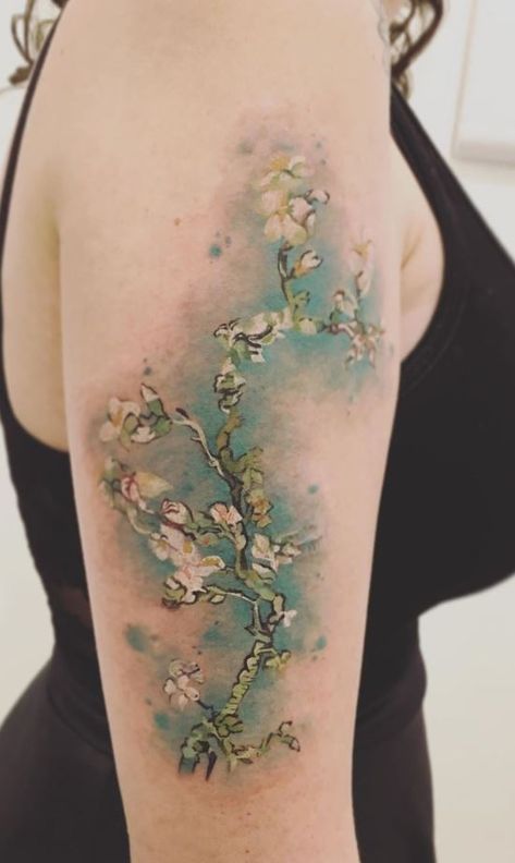 Van Gogh Blossom Tattoo, Van Gogh Almond Blossom Tattoo, Almond Blossoms Tattoo, Impressionism Tattoo, Monet Tattoo Ideas, Almond Tattoo, Almond Flower Tattoo, Almond Blossom Tattoo, Blossom Flower Tattoo