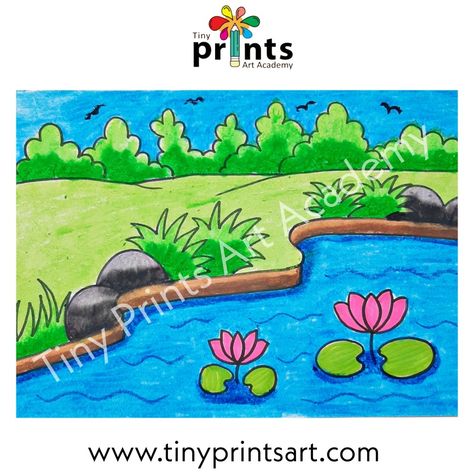 Easy Scenery Drawing for kids,how to draw easy Scenery, Oil Pastels Scenery Drawing Lotus Scenery Drawing, Tiny Prints Art Academy, Easy Scenery Drawing For Kids, Pond Drawing, Class Worksheets, Scenery Drawing For Kids, Easy Scenery, Nursery Drawings, Pencil Colours